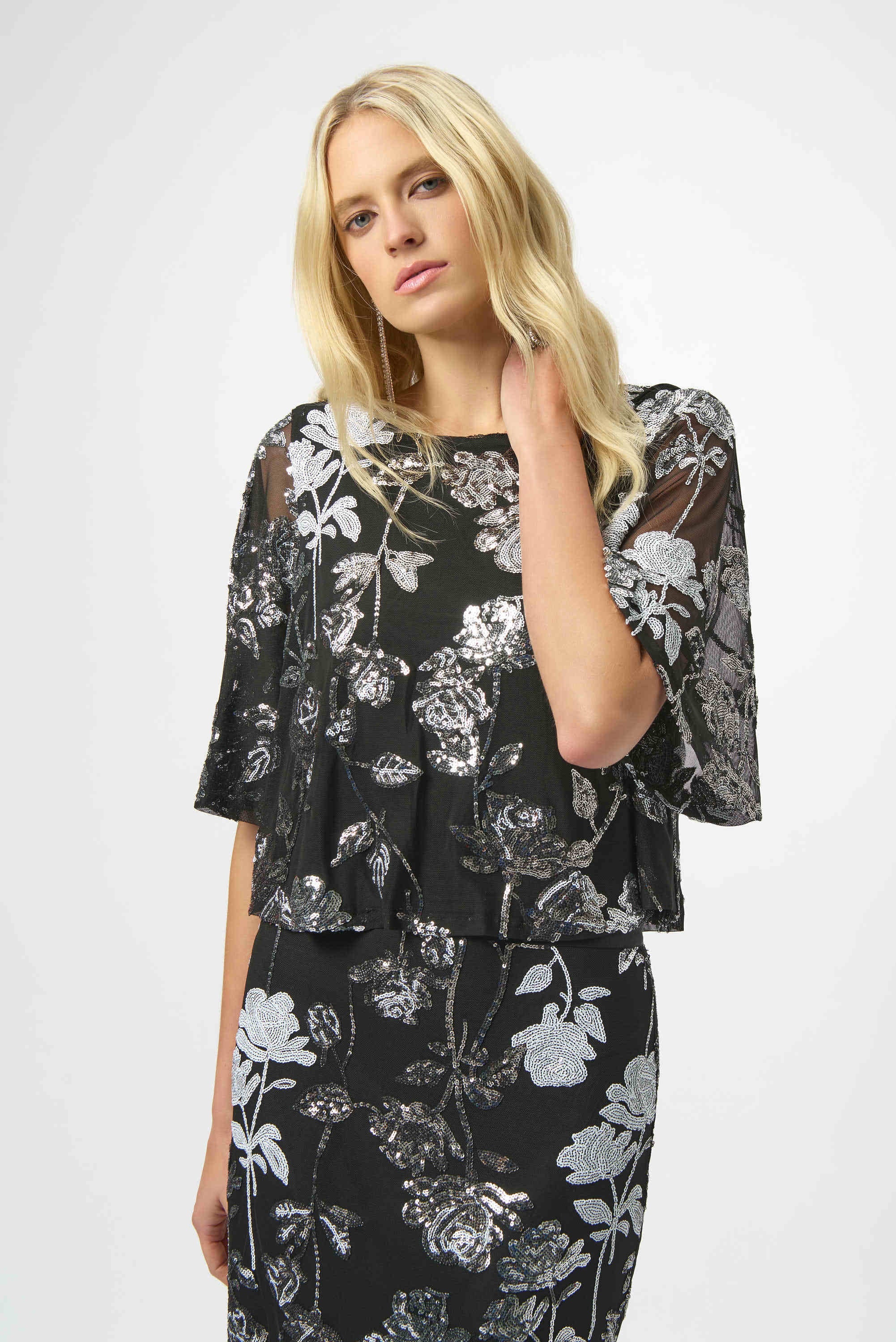 Joseph Ribkoff - Top / Sequin Embroidered Floral Print Boxy - shop.mybijouboutique.com