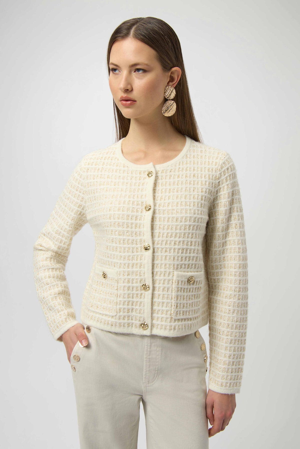 Joseph Ribkoff - Top / Sequined Sweater Knit Cardigan with Gold Buttons - shop.mybijouboutique.com