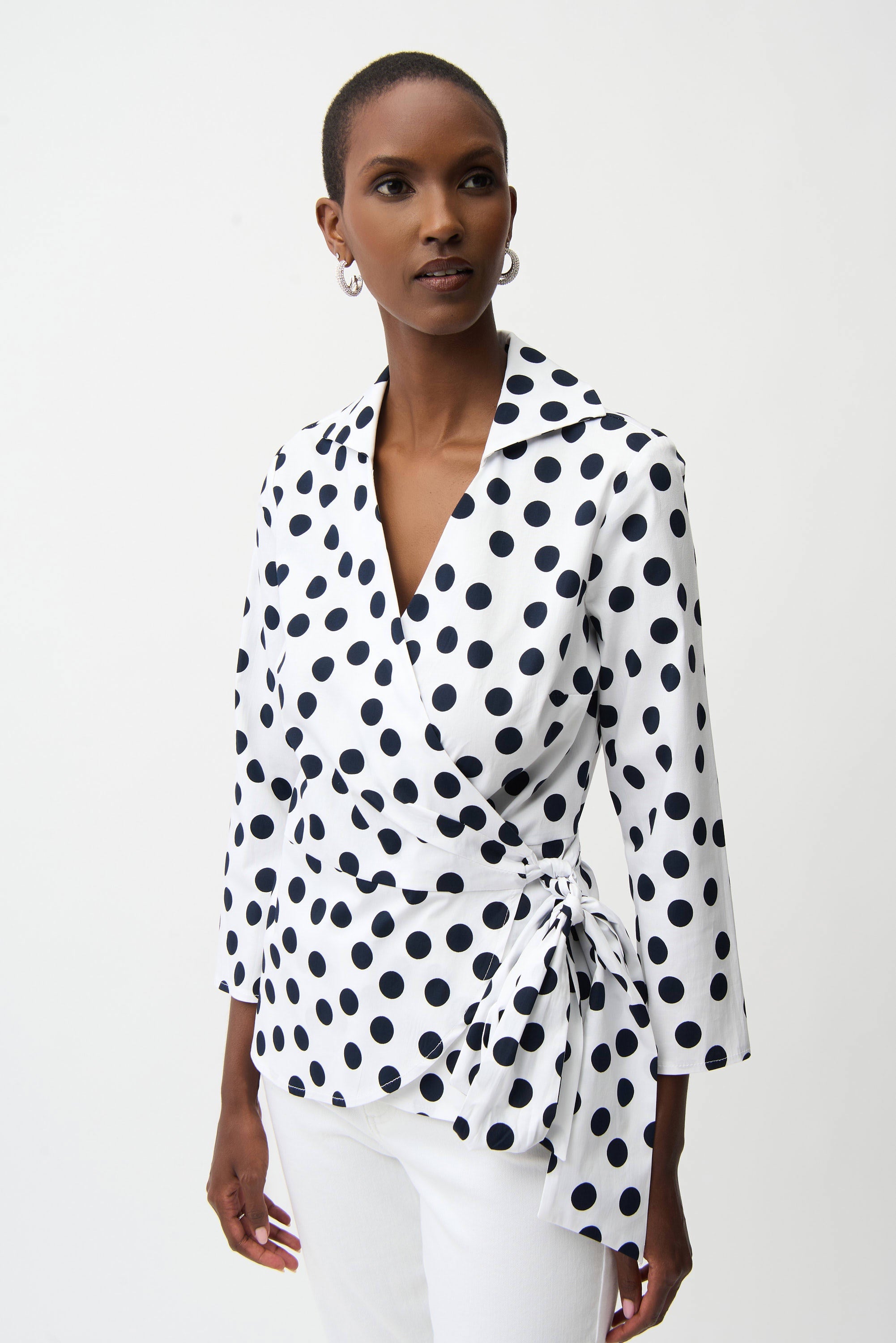 Joseph Ribkoff - Top / Stretch Cotton Dot Print Wrap Top With Sash - shop.mybijouboutique.com