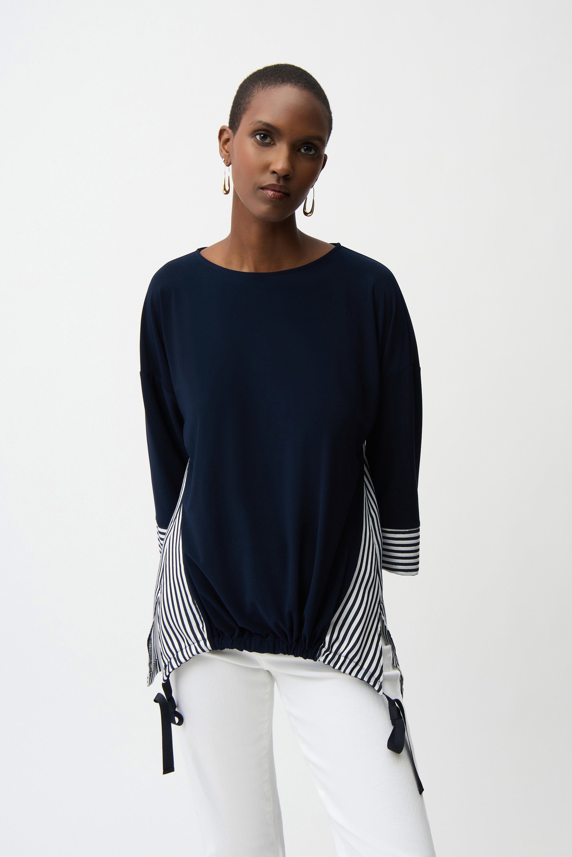 Joseph Ribkoff - Top / Silky Knit and Woven Stripe Top With High Low Hem