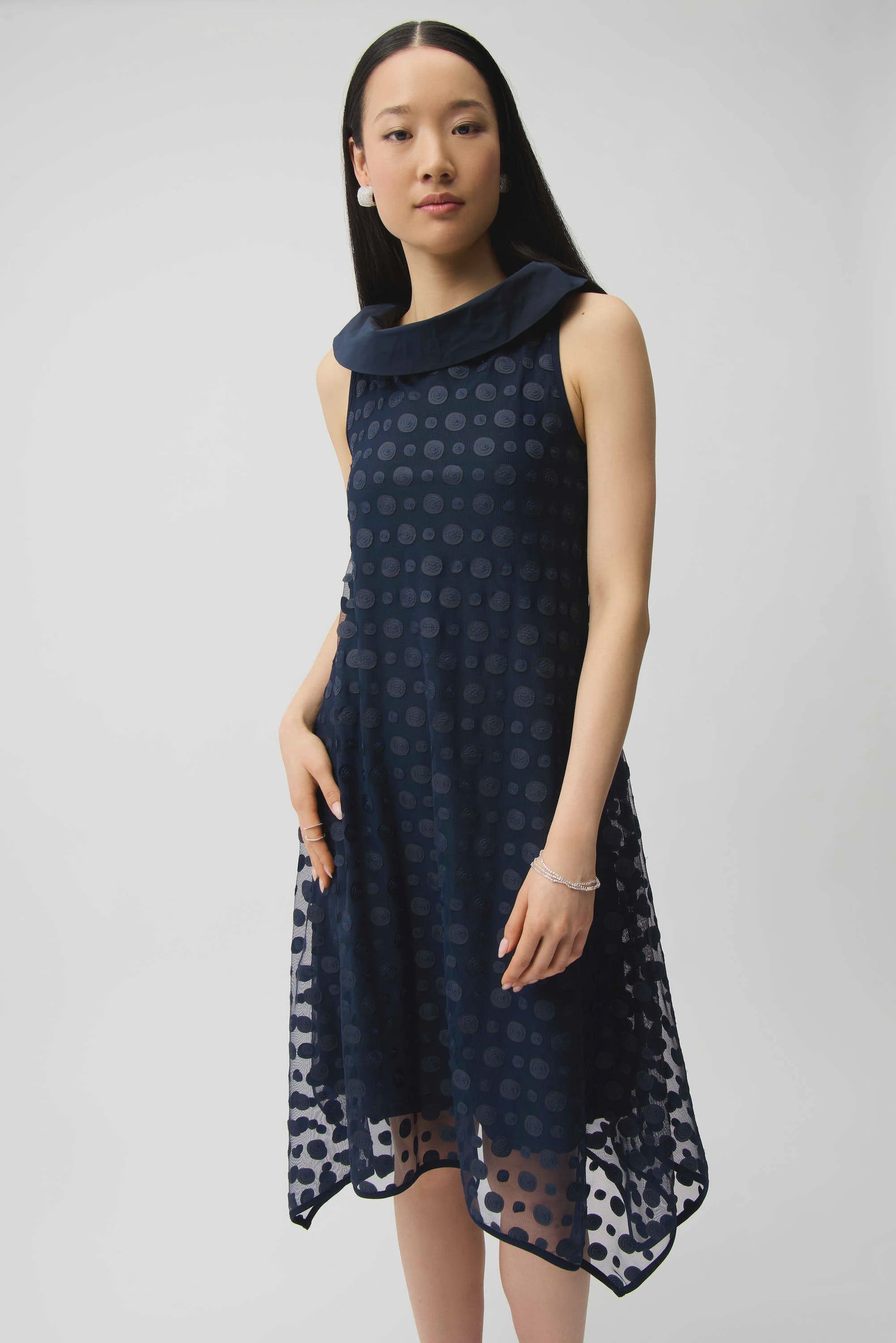 Joseph Ribkoff - Dress / Dot Embroidered Mesh Handkerchief Dress With Cowl Collar