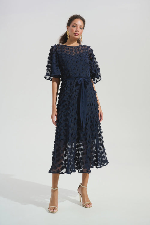 Joseph Ribkoff - Dress / Signature | 3D Embroidered Chiffon Fit And Flare Dress With Sash Belt - shop.mybijouboutique.com