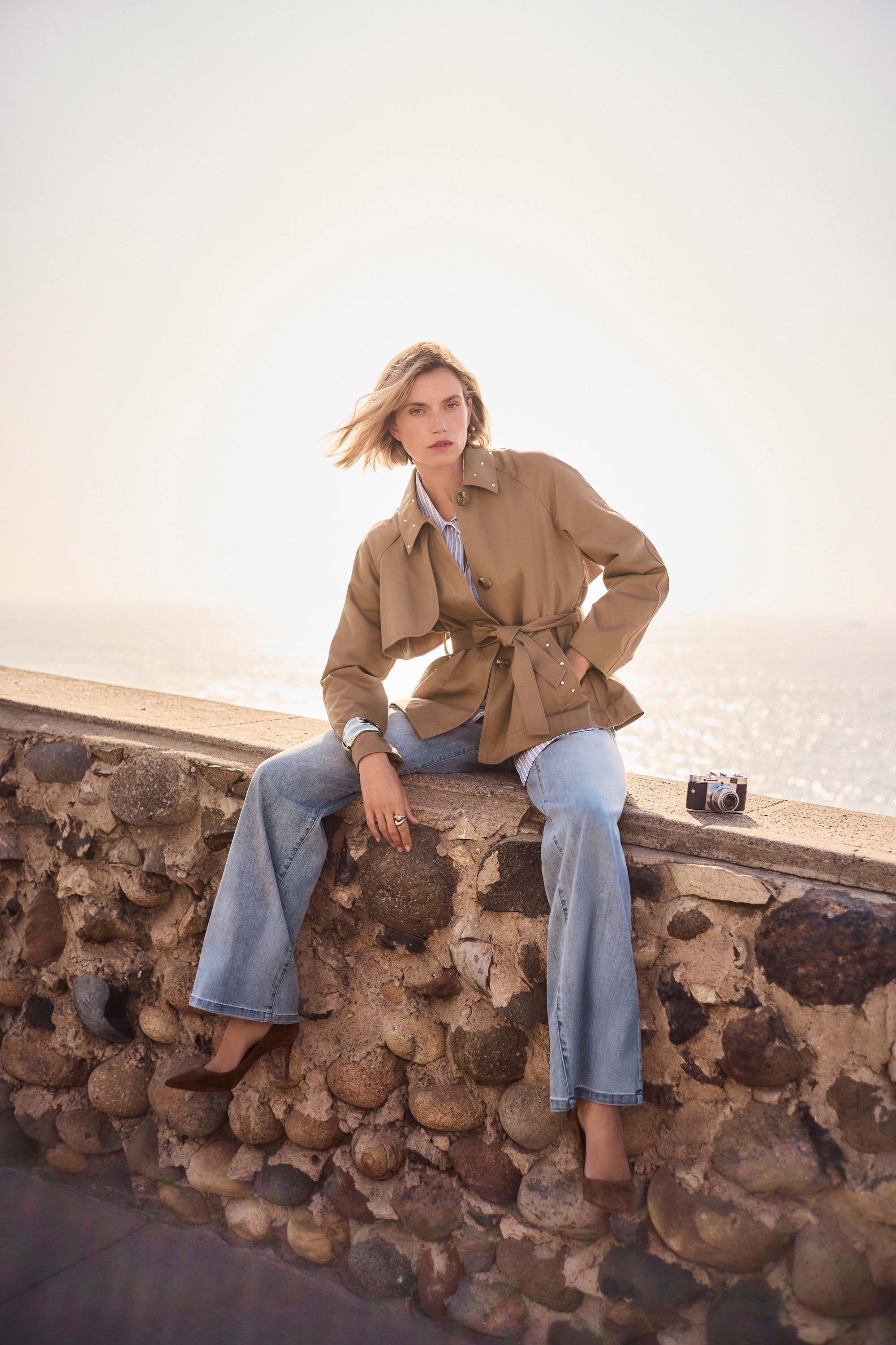 Joseph Ribkoff - Coat / Cotton Twill Short Trench with Belt and Rhinestones Detail