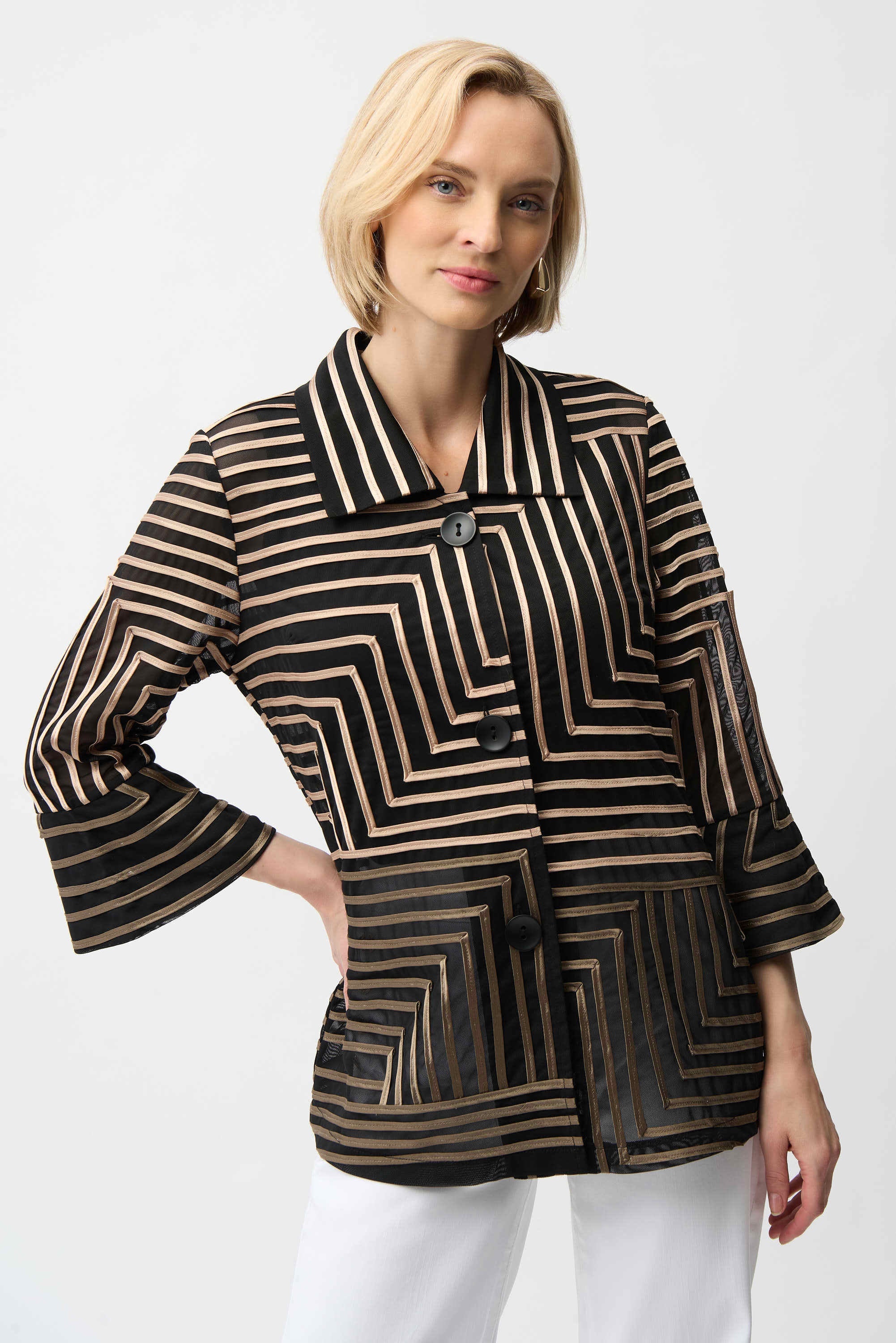 Joseph Ribkoff - Jacket / Satin And Mesh Abstract Print Jacket With Bell Sleeve
