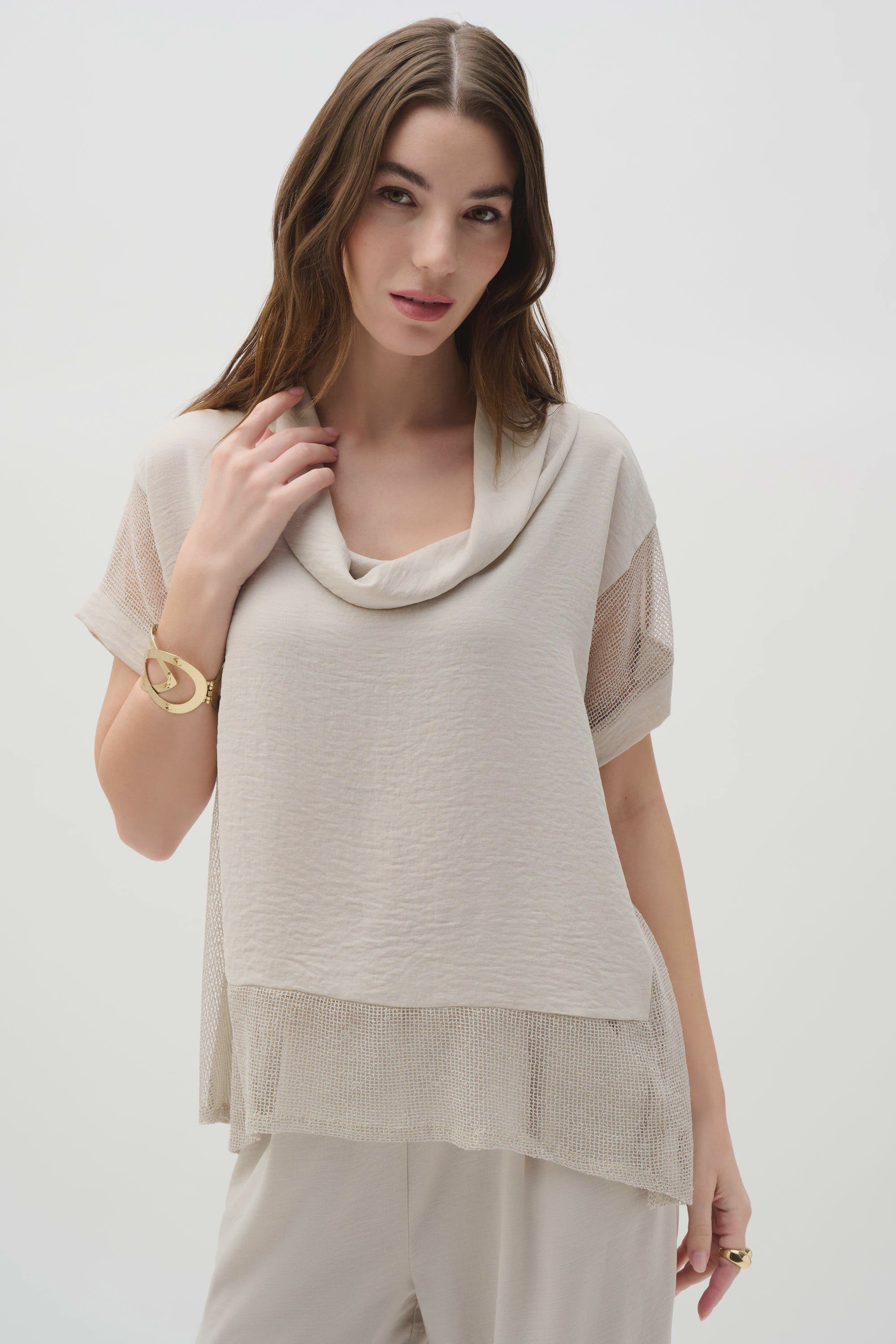 Joseph Ribkoff - Top / Woven Gauze And Mesh Boxy Top With Cowl Collar