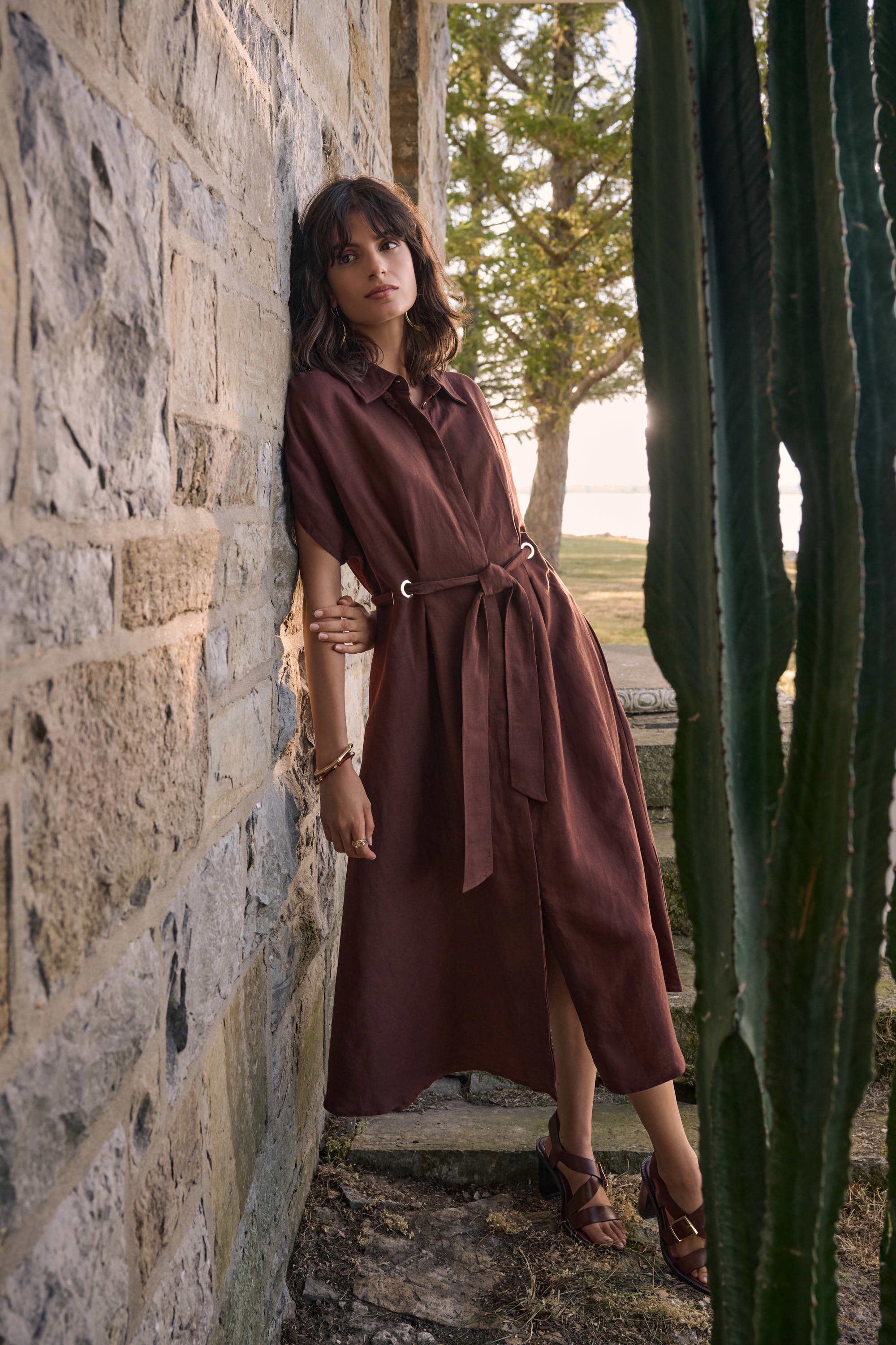Joseph Ribkoff - Dress / Linen Blend Fit And Flare Shirt Dress With Sash