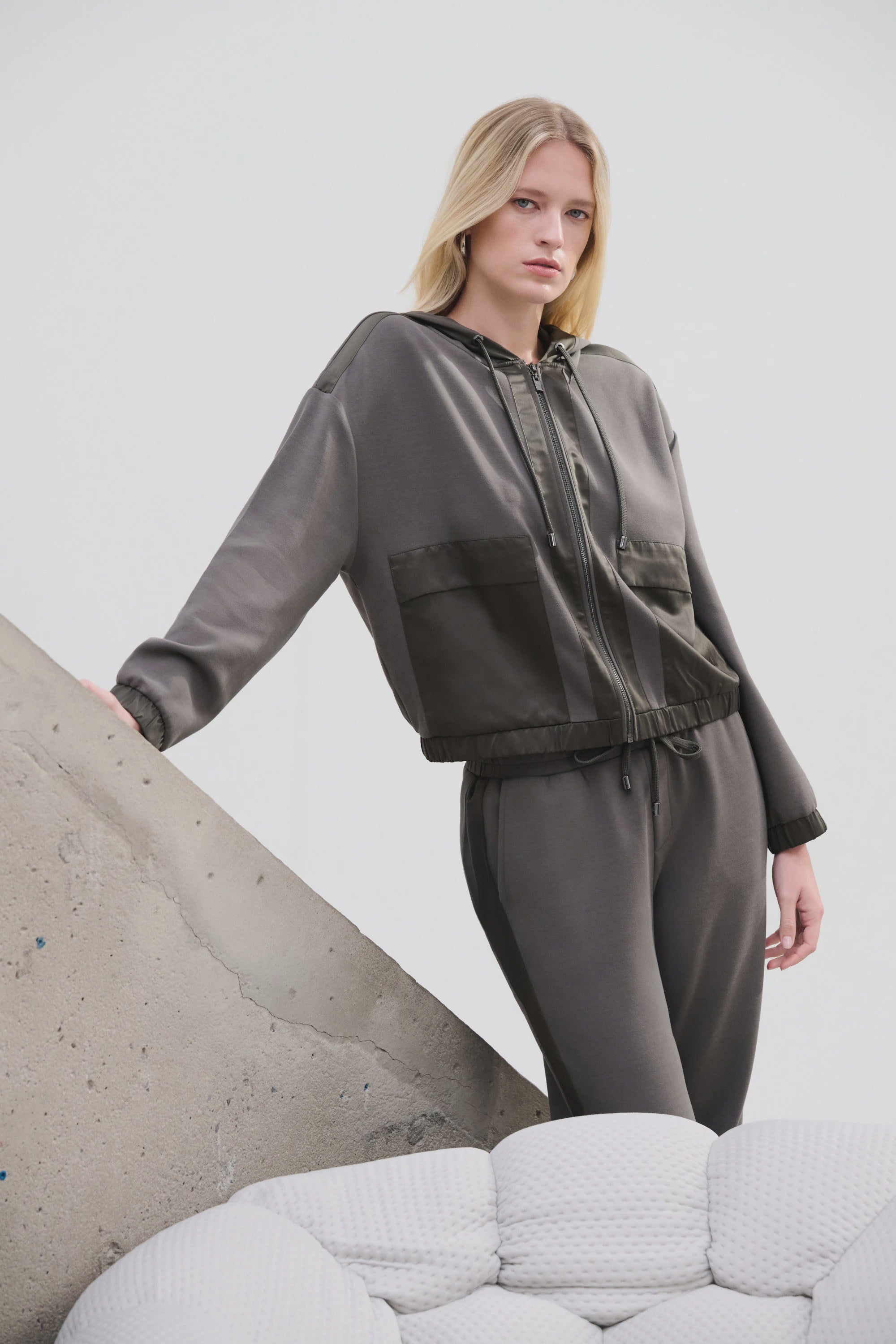 Joseph Ribkoff- Jacket / Scuba Jersey And Satin Hooded Boxy Jacket