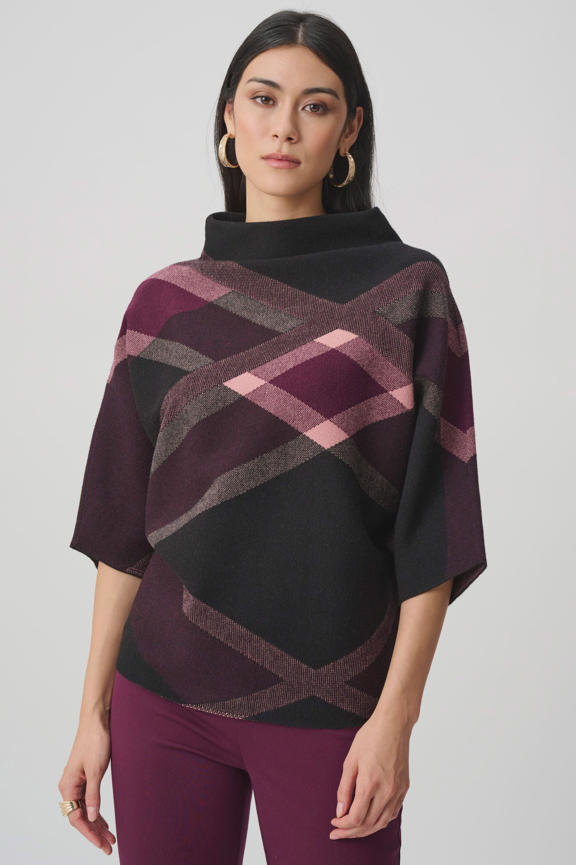 Joseph Ribkoff - Top / Brushed Viscose And Nylon Plaid Funnel-Neck Sweater