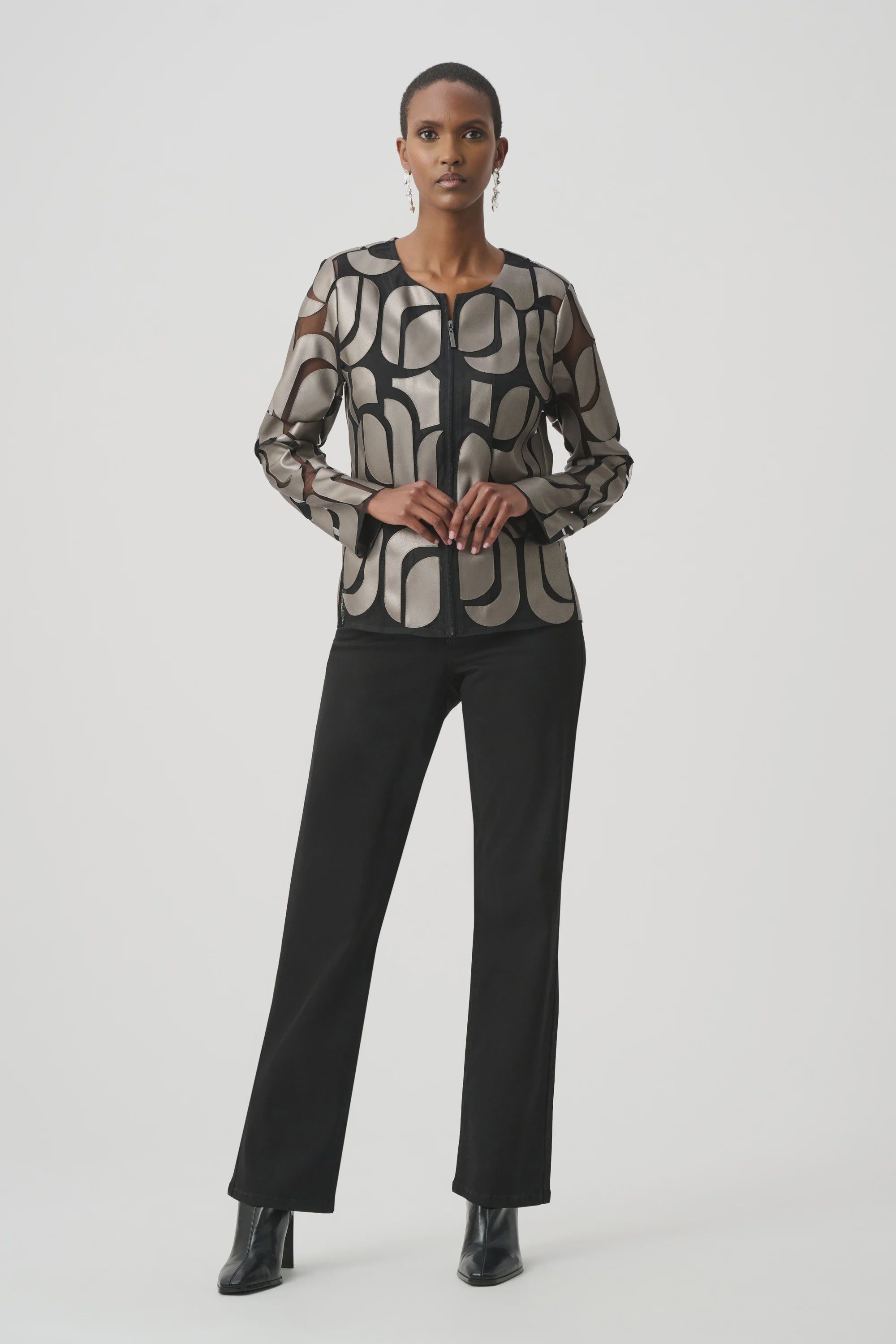 Joseph Ribkoff - Top /  Leatherette And Mesh Embroidered Jacket