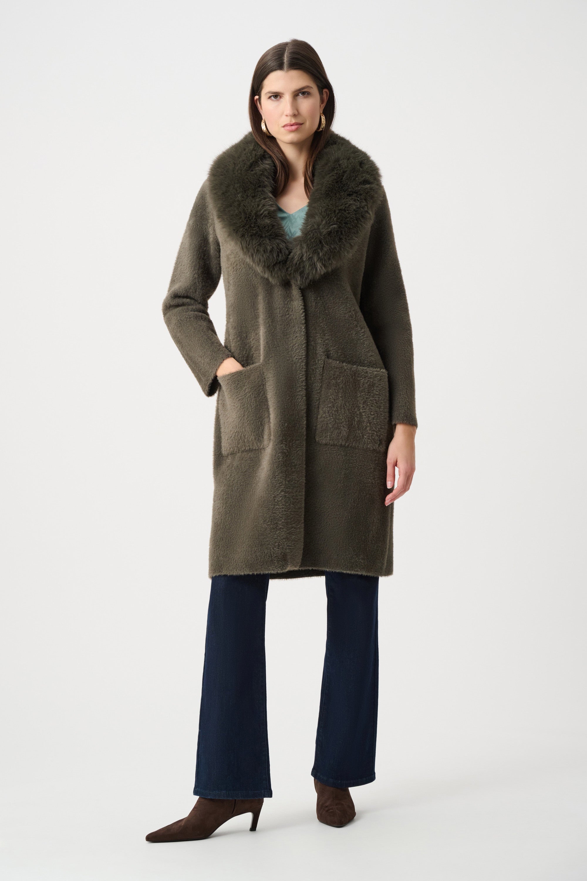 Joseph Ribkoff - Coat / Feather Yarn Knit Coat With Detachable Faux Fur Collar